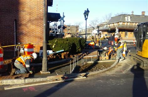 Resetting of brick pavers at the Central Street railroad crossing in Windsor. (December 2017)